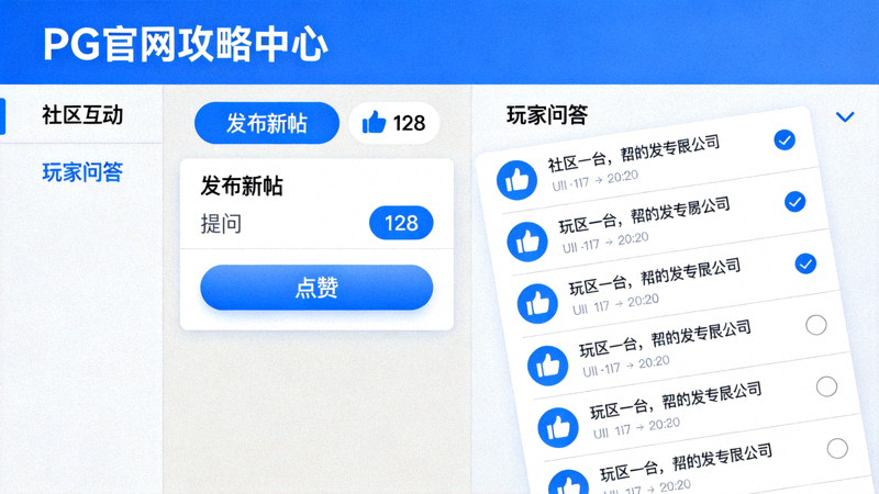 PG官网攻略中心新增社区互动与玩家问答专区的功能界面预览截图，展示发帖、问答、点赞等核心交互元素