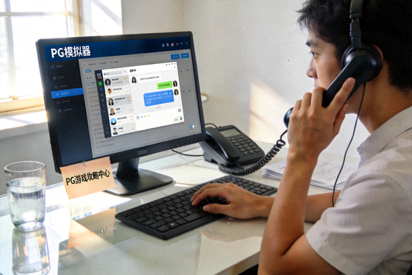 PG模拟器_PG游戏攻略中心客服人员通过电脑和电话与用户沟通的场景