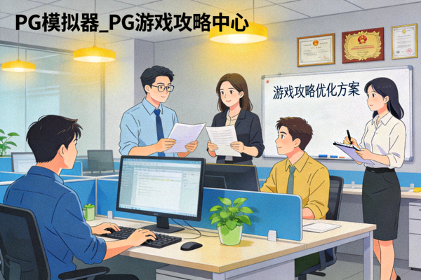 PG模拟器_PG游戏攻略中心团队成员在办公室协作工作的场景