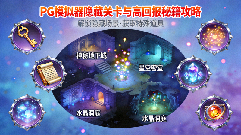 PG模拟器隐藏关卡与高回报秘籍攻略主图，展示游戏内隐藏场景与特殊道具图标