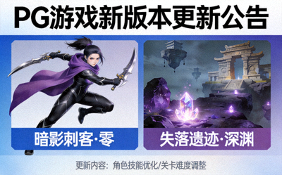 PG游戏新版本更新公告截图，展示新角色与新关卡内容